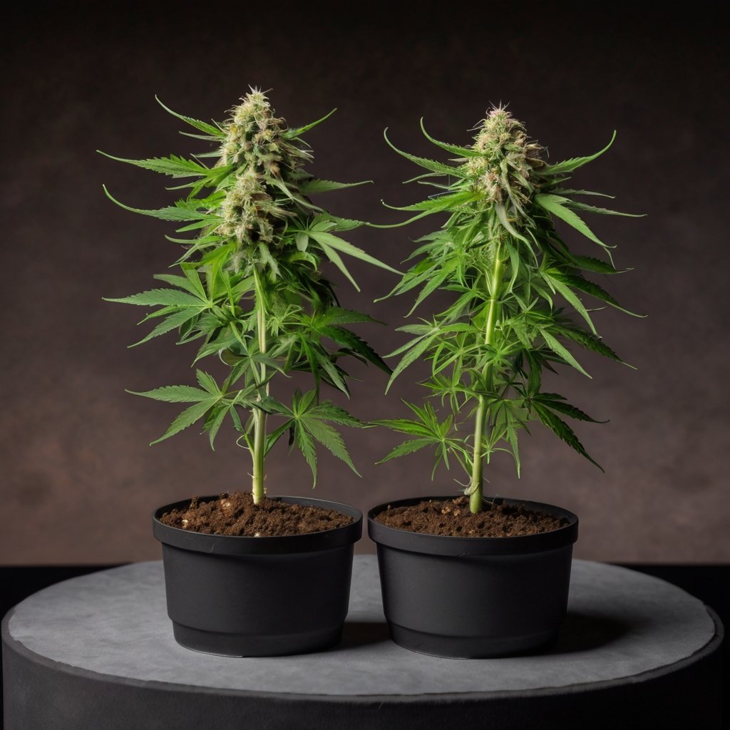 default generate an image of three cannabis plants the firts o 3