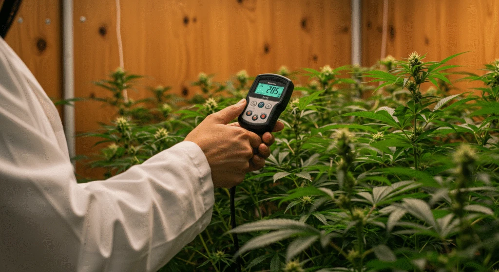 persona midiendo la humedad del cuarto de cultivo