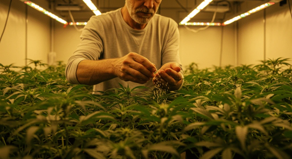Hombre fertilizando plantas