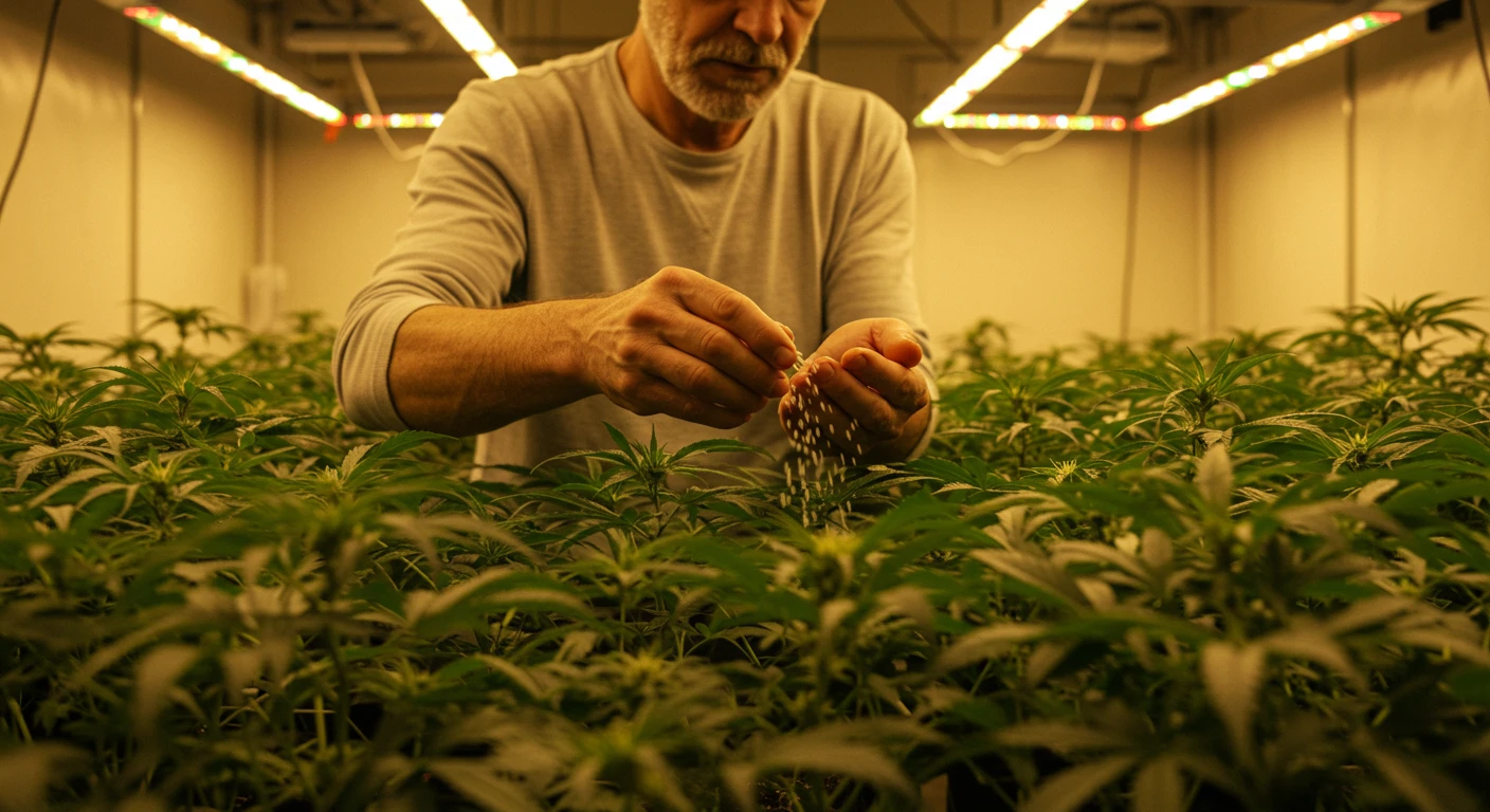 Hombre fertilizando plantas
