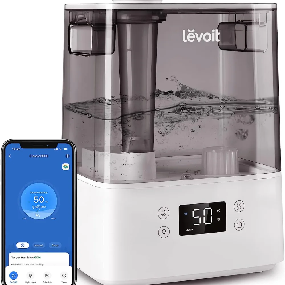 humidificadores levoit 6l smart wifi top fill cool mist air humidificador ultrasónico para plantas, niños, difusor de aceite esencial, silencioso, fácil de limpiar, sin filtro, funciona con alexa