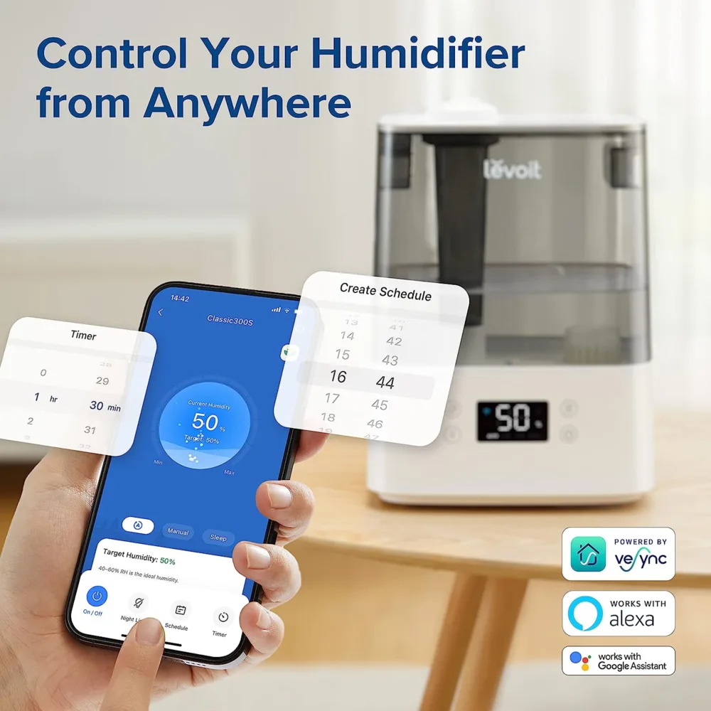humidificadores levoit 6l smart wifi top fill cool mist air humidificador ultrasónico para plantas, niños, difusor de aceite esencial, silencioso, fácil de limpiar, sin filtro, funciona con alexa