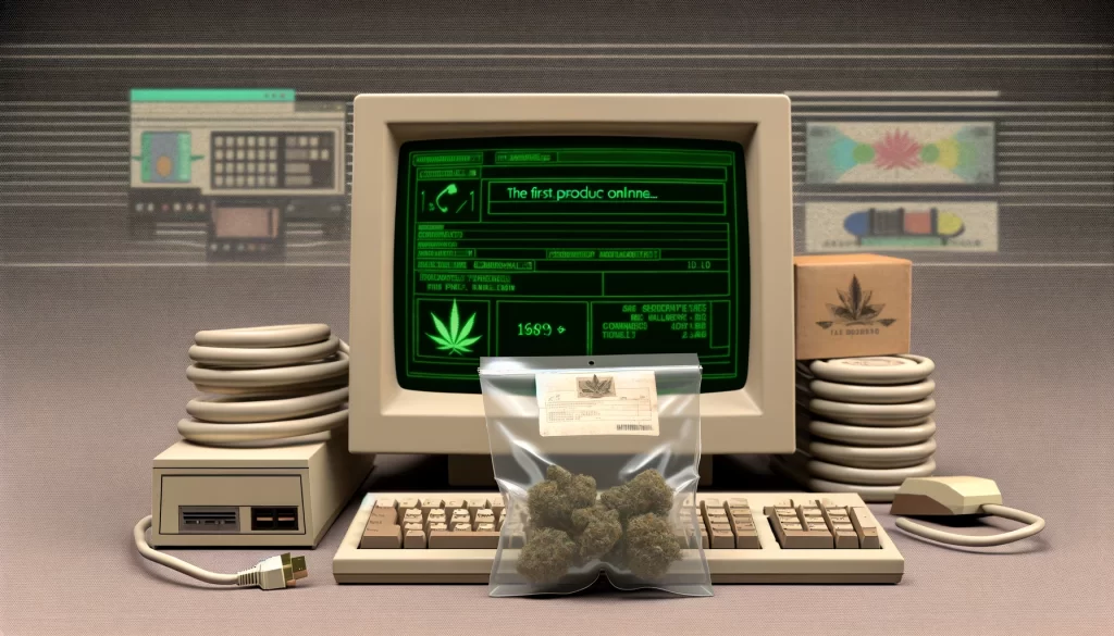 dall·e 2024 02 08 22.21.55 create a realistic 16 9 image that creatively illustrates the concept of cannabis being the first product ever sold online. envision a scene where the