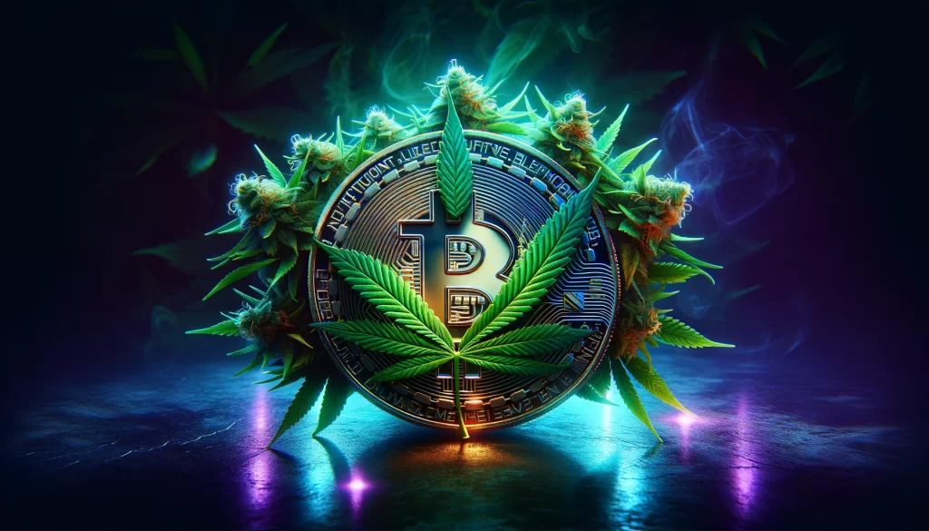 dall·e 2024 04 14 01.23.31 a creative and symbolic representation of the fusion between bitcoin and marijuana in a 16 9 aspect ratio. the image features a large, shining bitcoin