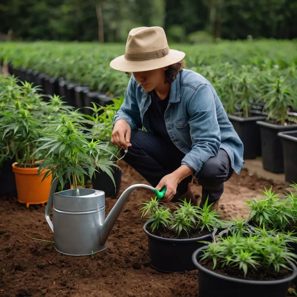 default a person watering cannabis plants with a watering can 2