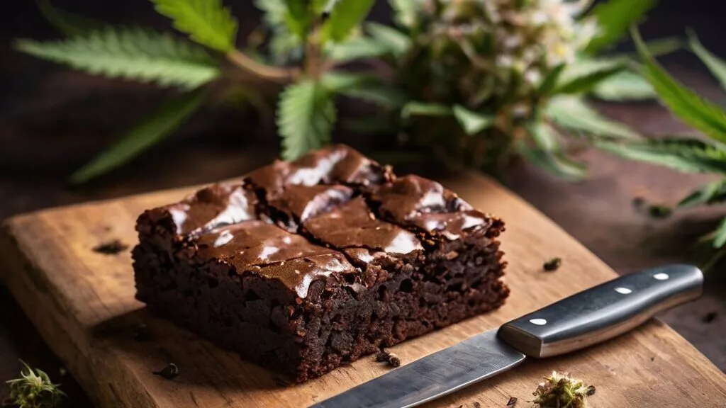 default a brownie on a table with a knife and to the side some 3