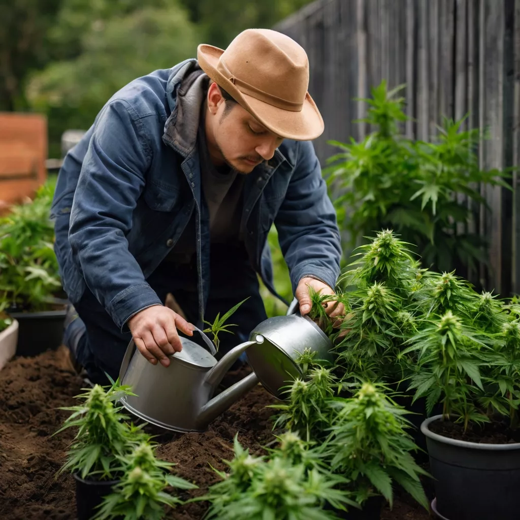 default a person watering cannabis plants with a watering can 0