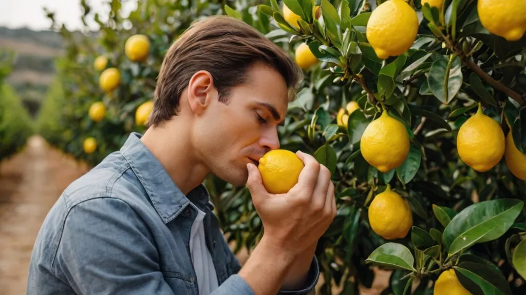 a person smelling a lemon