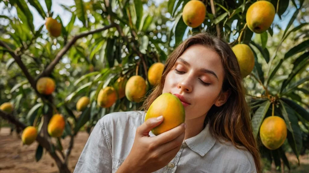 a person smelling a mango with mang 1