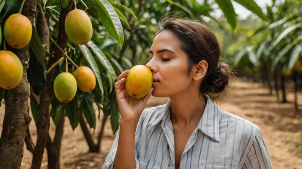 a person smelling a mango with mang 2