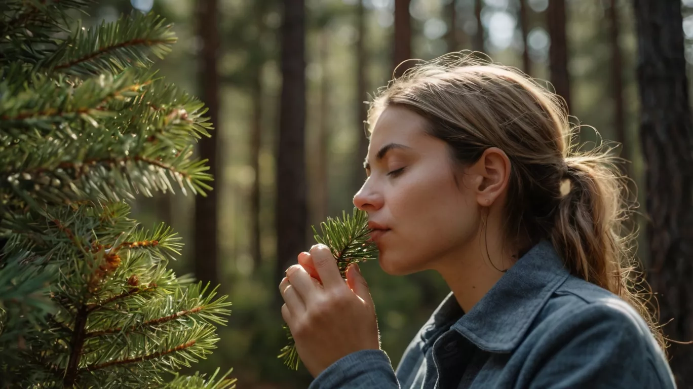 a person smelling a pine branch wit 2
