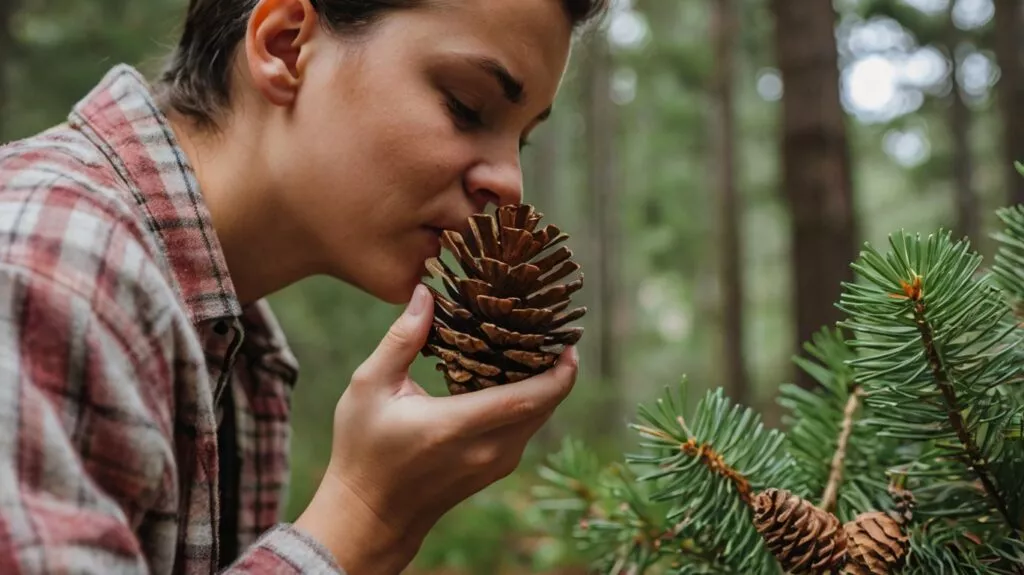 a person smelling a pine cone with 0