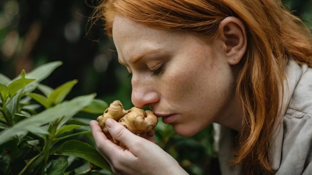 a person smelling ginger plants roo 3