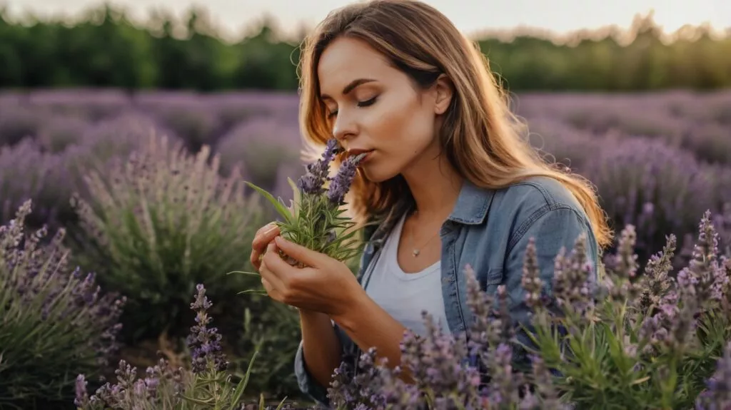 photography generate a person smelling lavender plant in 1