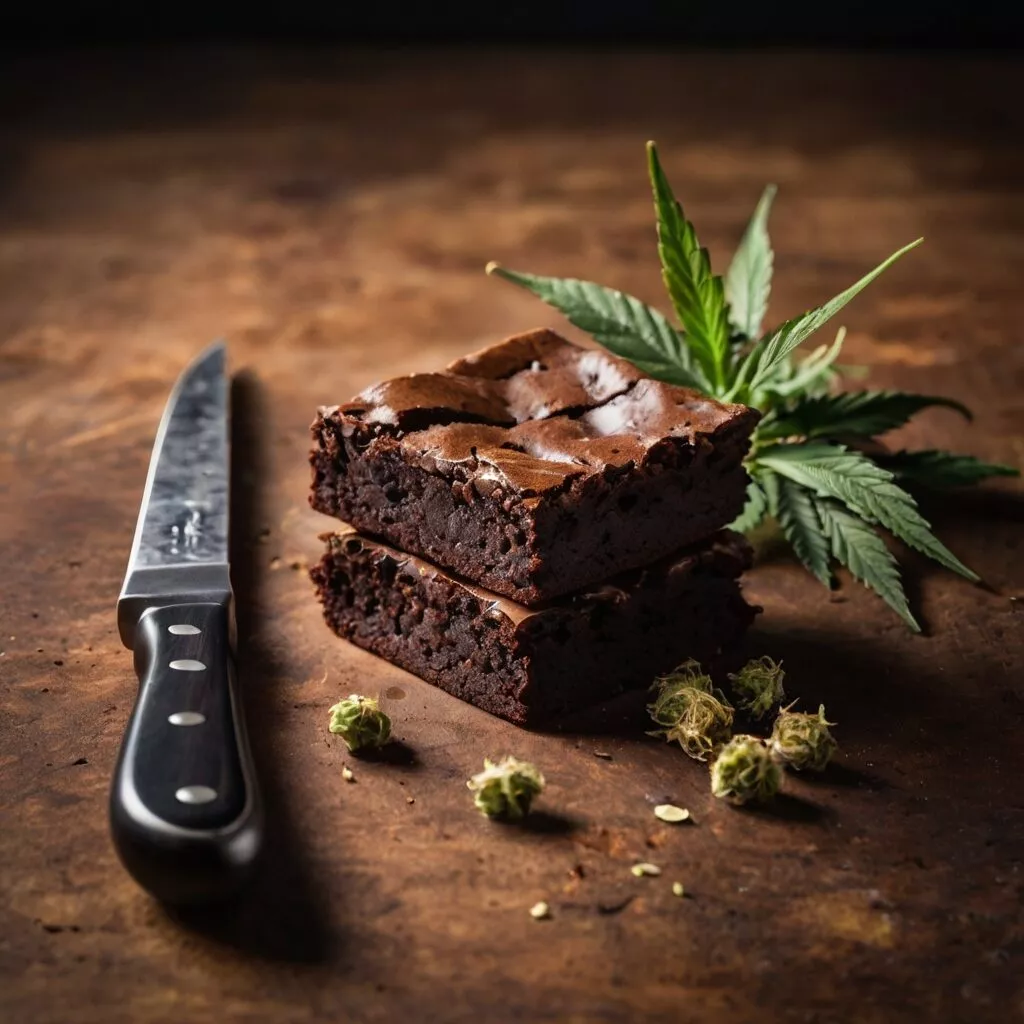 a brownie on a table with a knife and to the side some 1
