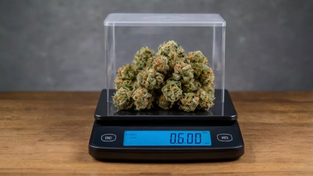 a bag of cannabis arrives placed on a digital 0
