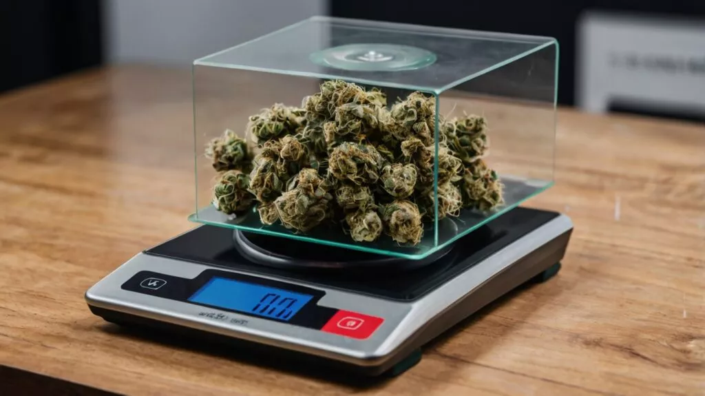 a bag of cannabis arrives placed on a digital 2
