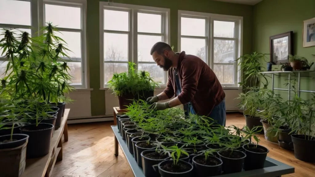  a person caring  his cannabis plants