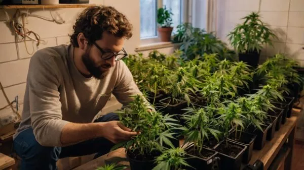 a person caring cannabis plants 1