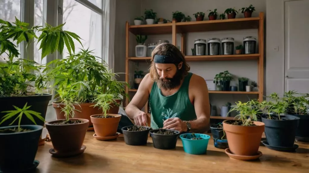 a person planting and caring his cannabis plants