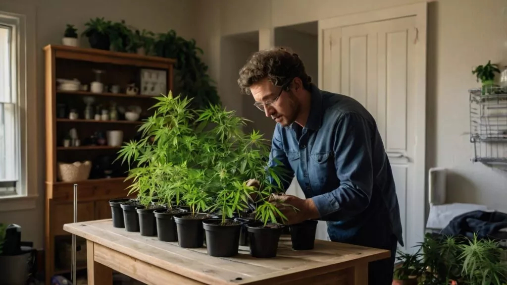 a person planting and caring cannabis plant