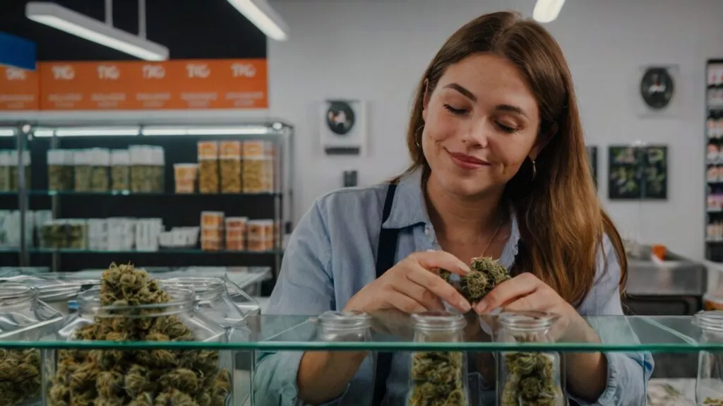 a person selling cannabis in a dispensory