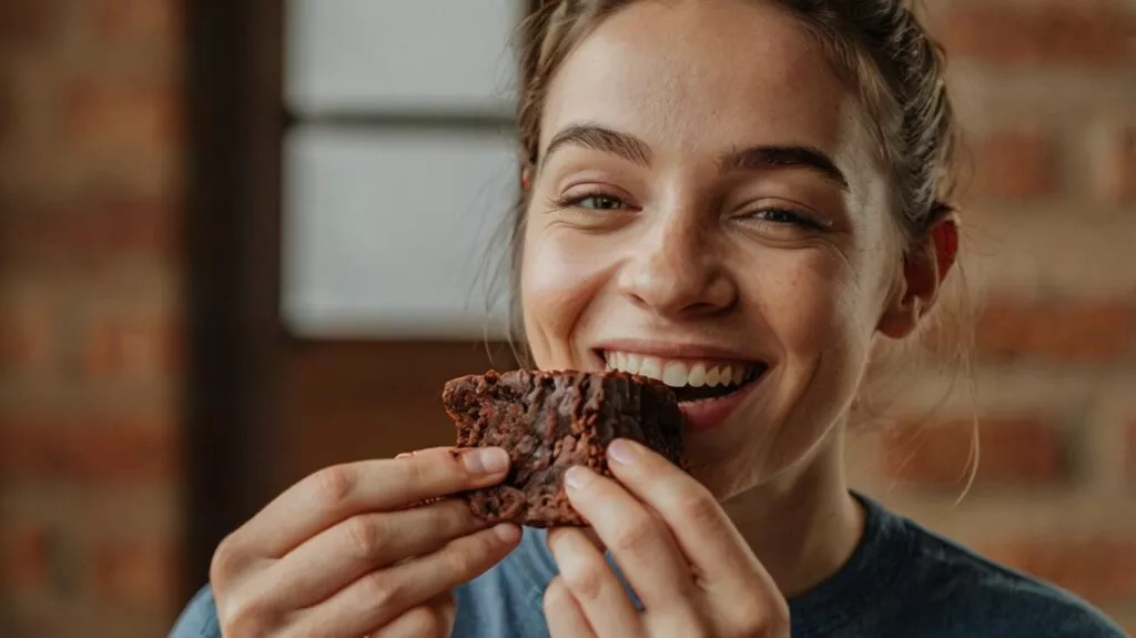 a happy person eating a brownie and snacks 2