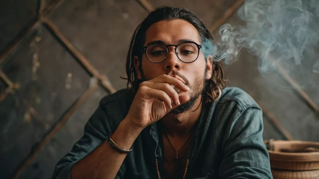a person sitting calmly smoking cannabis to 0