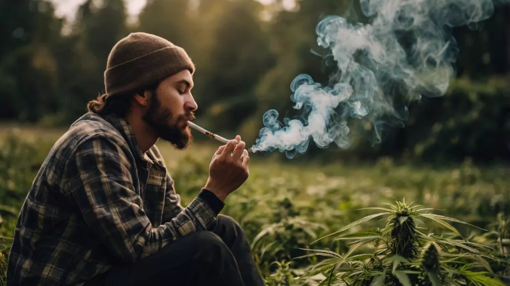a person sitting calmly smoking cannabis to 2