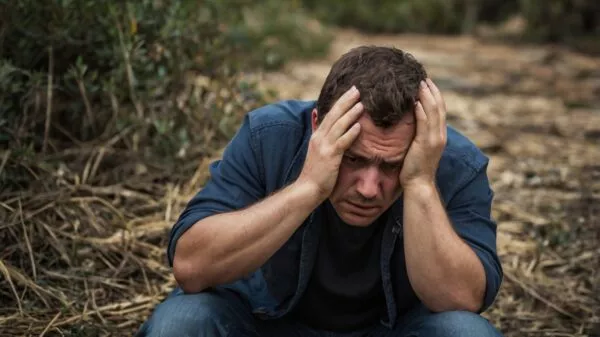 a worried crestfallen person crouching with 0