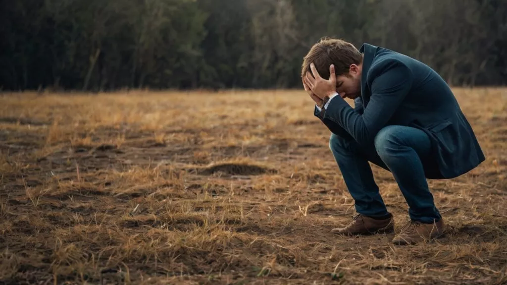 a worried crestfallen person crouching 