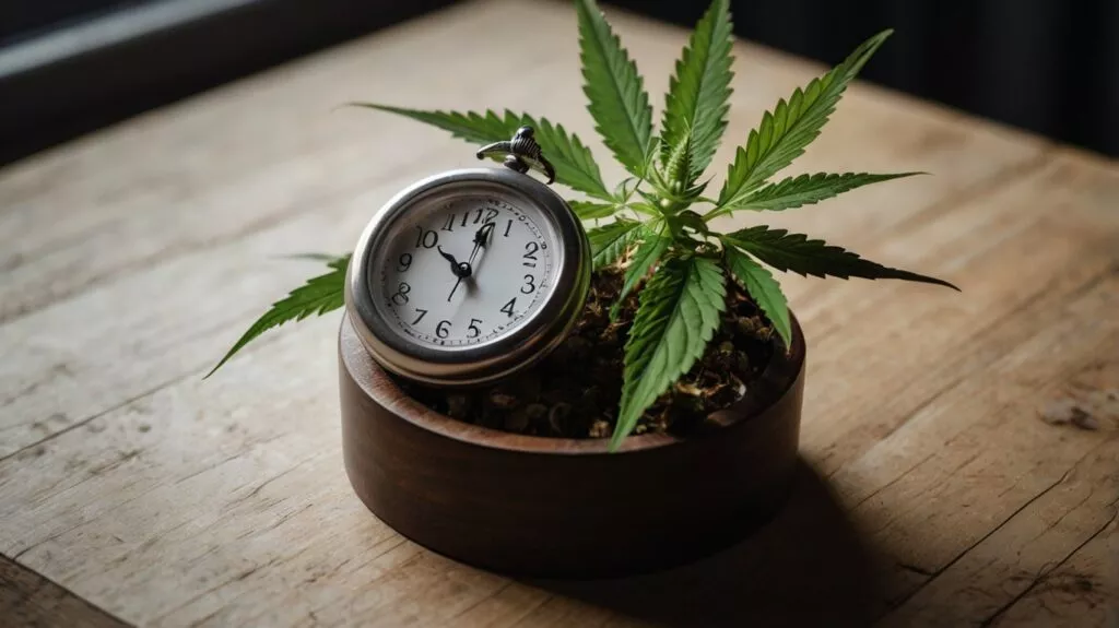 an analog clock along with a cannabis plant 1