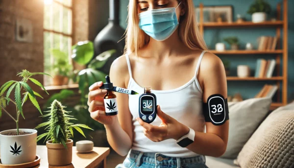 a person with diabetes measuring their blood sugar levels while holding a cbd oil dropper bottle. the setting is a cozy home environment with natural
