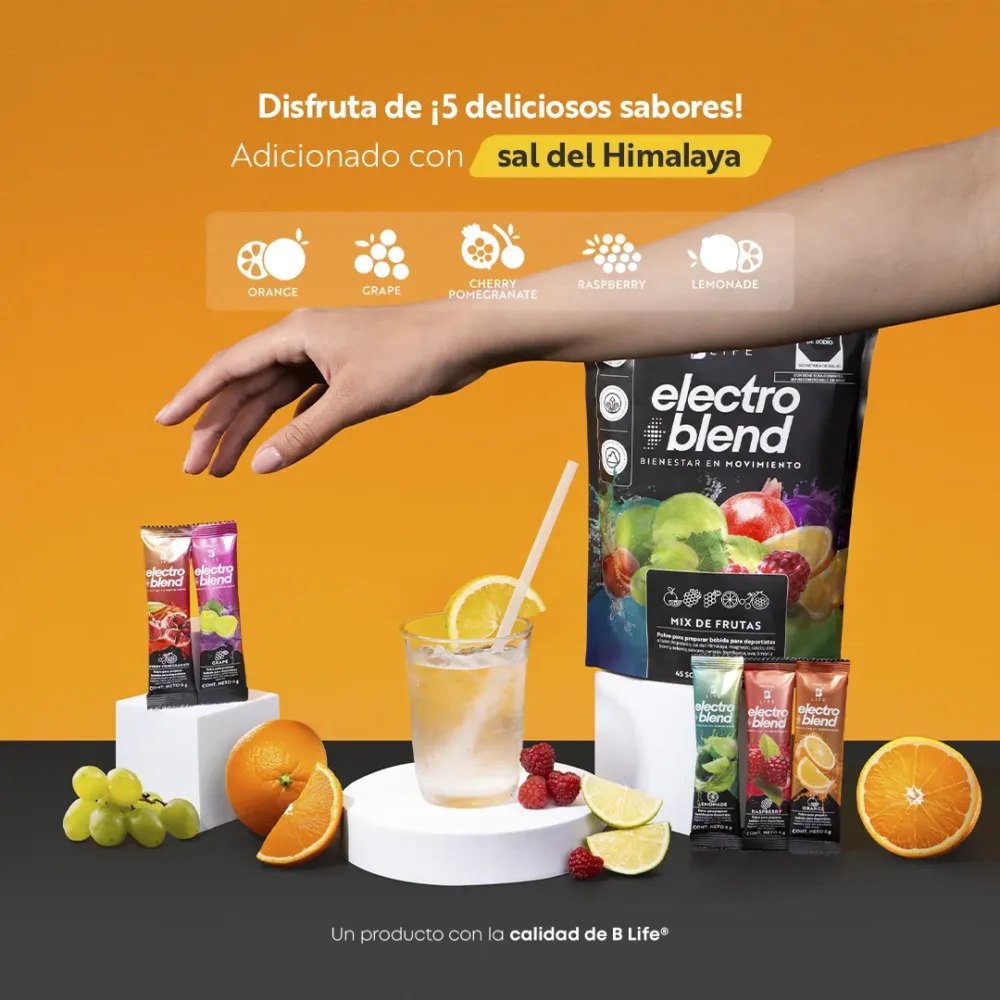 b life | electroblend mix de frutas | electrolitos | hidratación inteligente y natural | 45 sobres