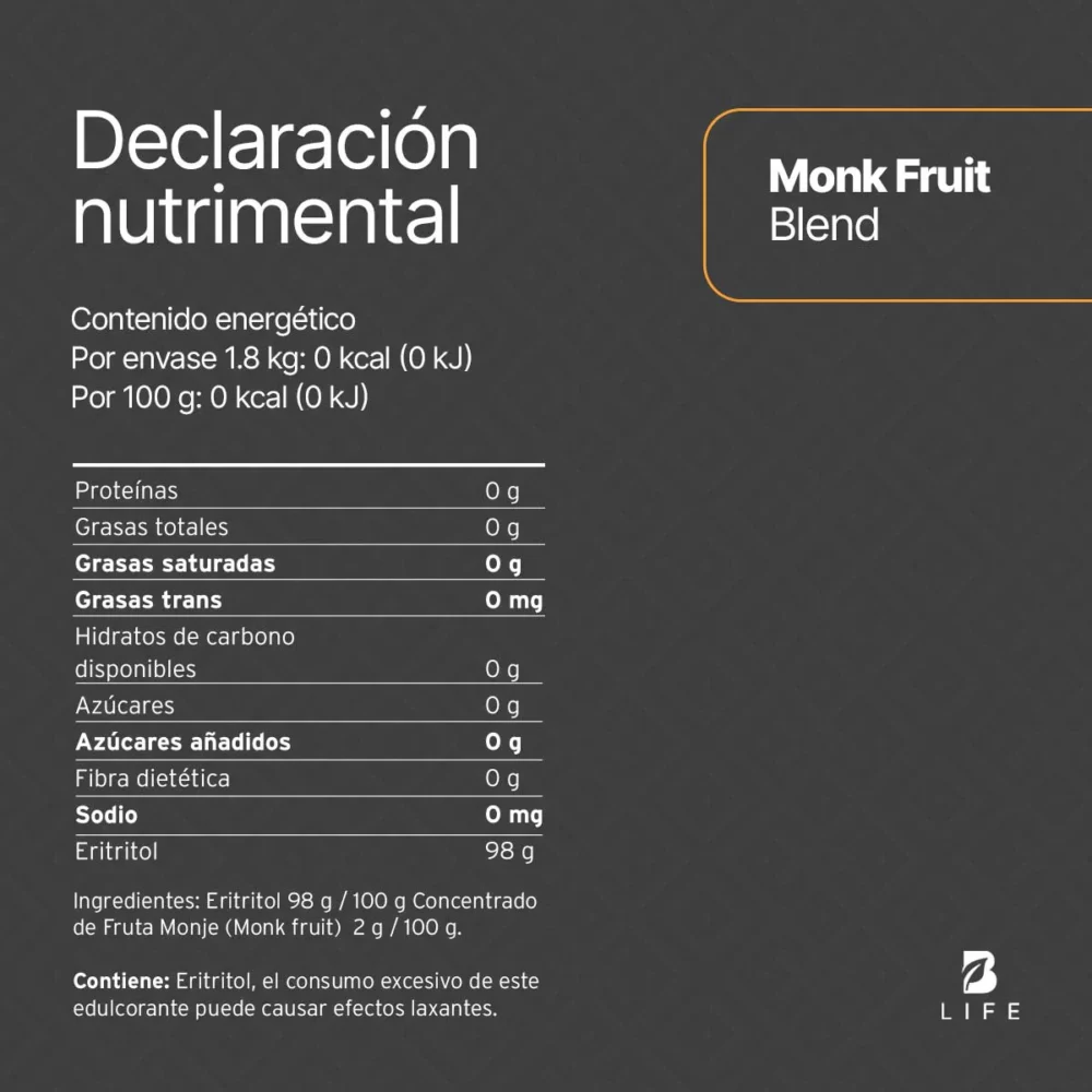 b life | fruta del monje + eritritol. 1.8 kg. cero calorías. endulzanlte natural. ideal para bebidas y postres. monk fruit blend b life.