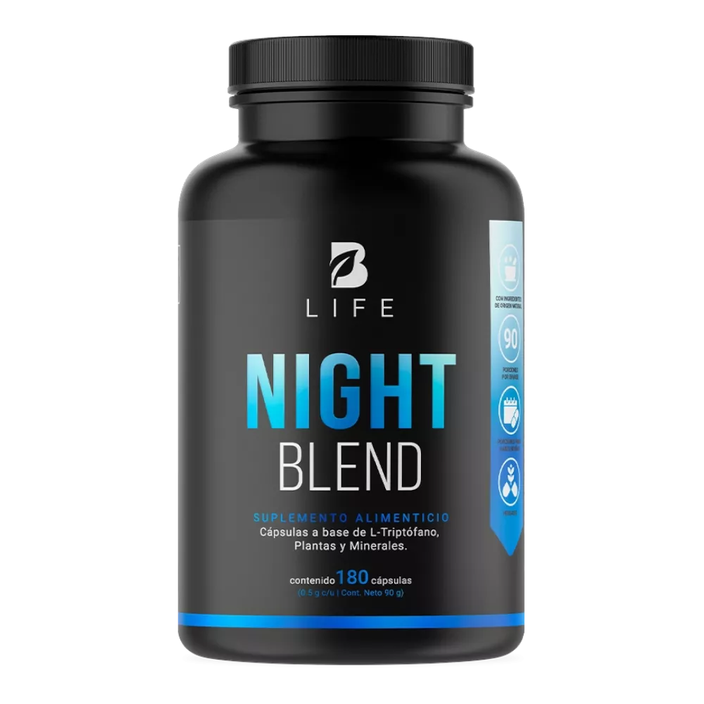 b life | night blend | mezcla de triptófano, gaba, l teanina, reishi, magnesio y 5 htp | 90 cápsulas