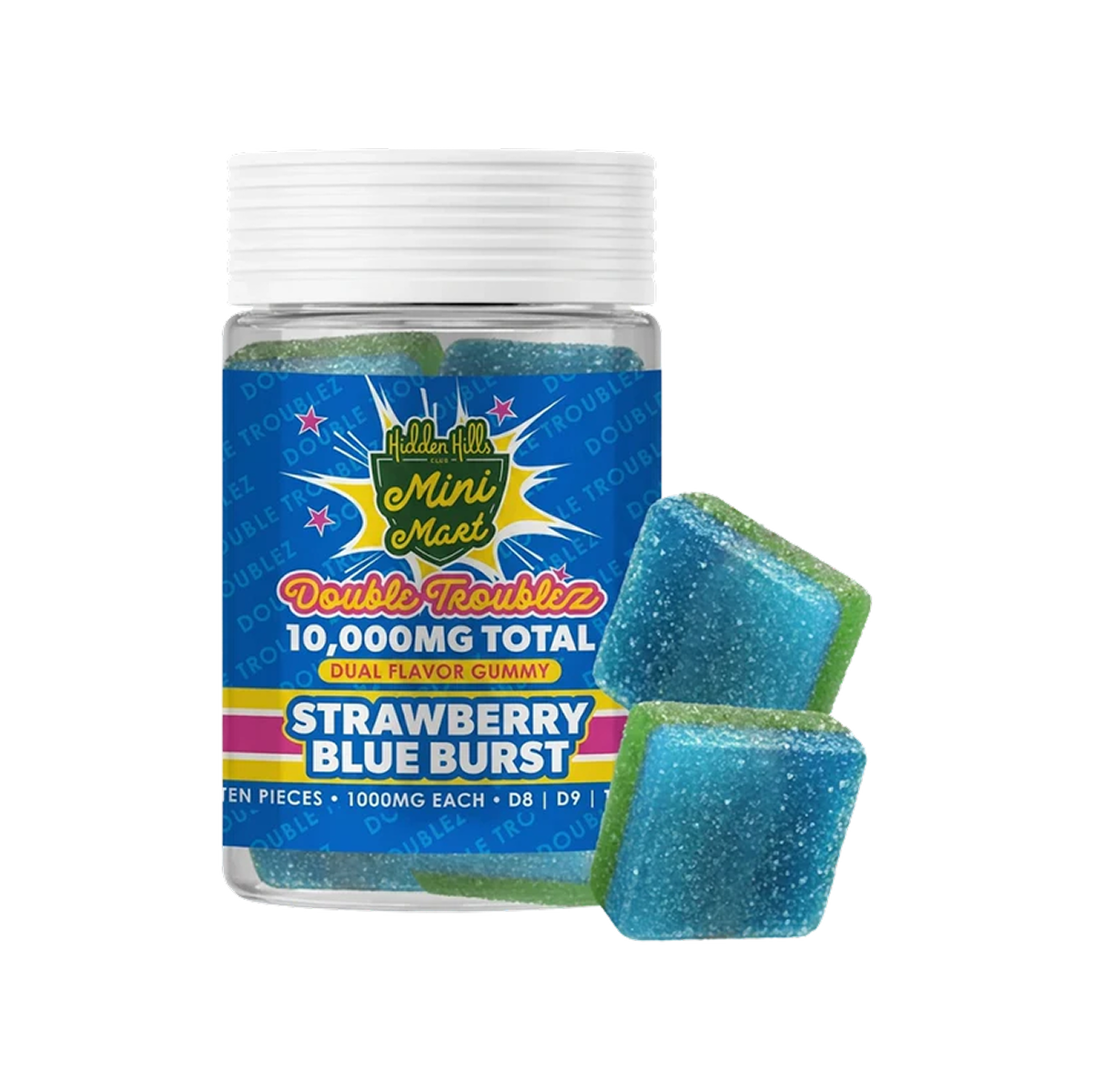 hidden hills strawberry blue burs mini mart double troublez gummies 10g californialeaf